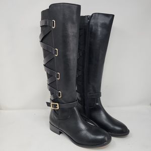 Thalia Sodi Riding Boots Womens 5 Black Veronika Faux Leather Zip Buckle Strap